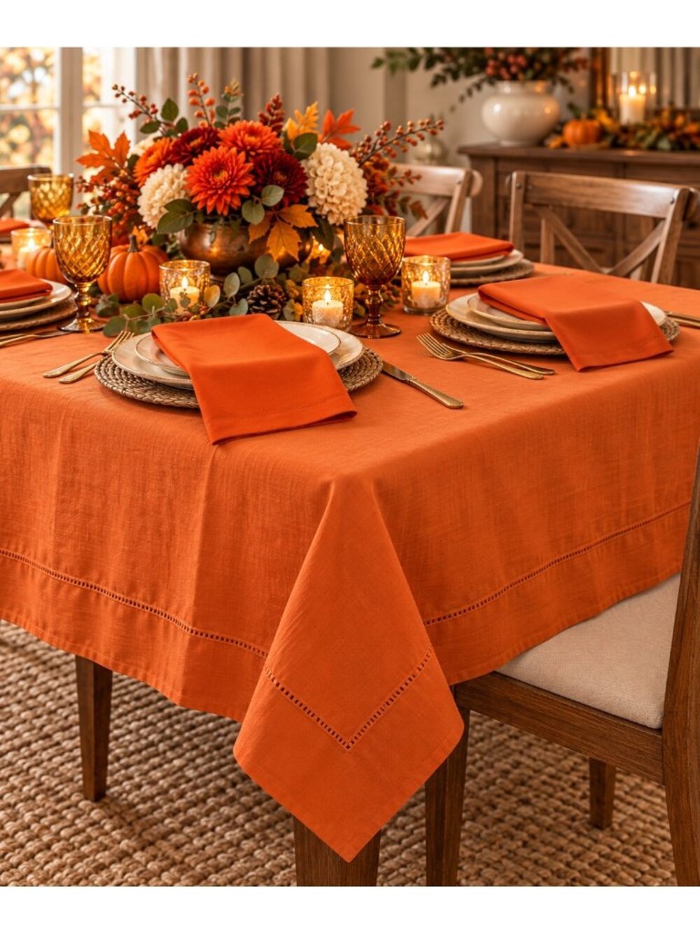 Williams Sonoma Orange Linen Tablecloth 67x103 + 4 Cotton Napkins Fall Set